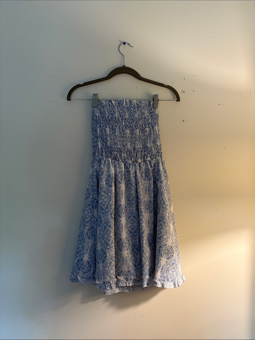 Blue Paisley Smocked Strapless Midi Dress